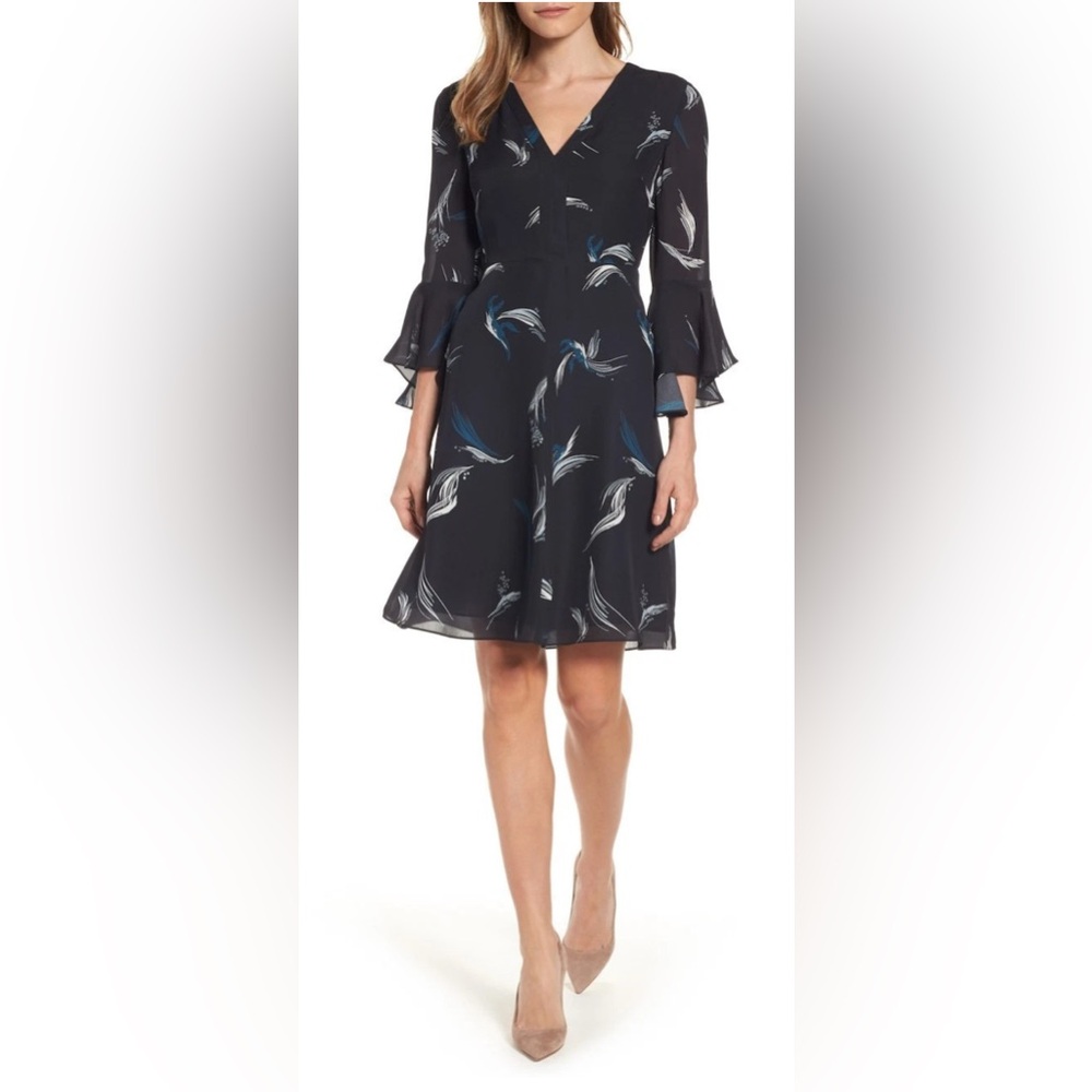 Classiques Entier Bell Sleeve A-Line Silk Dress in Black, Blue and White, Size 6